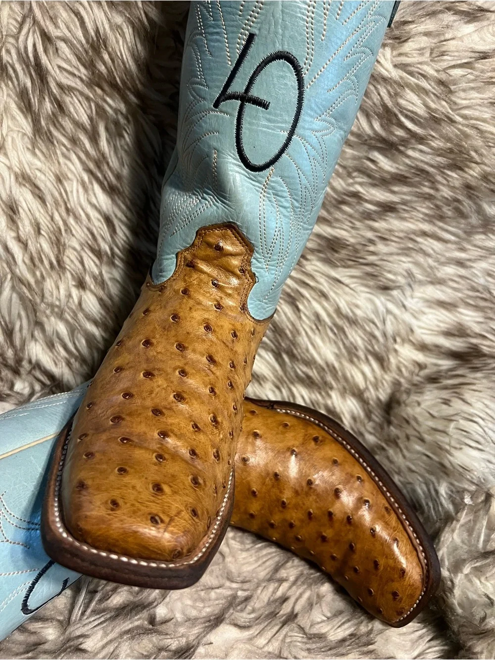 JM Collection Tan Ostrich Leather Western Boots with Light Blue Shaft Sz 8 D